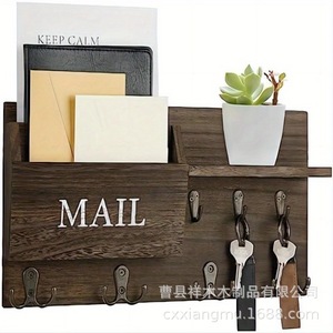 Wooden Wall-mounted Mail Organizer With Key <b>Hooks</b> And Plant <b>Shelf</b> For Home Entryway Storage Brown - Product Image 1