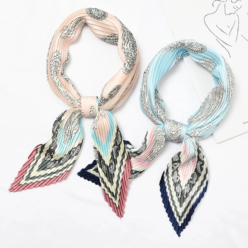 Unique design pleated printed silk scarves pleated seamless bandana scarf nylon square scarves