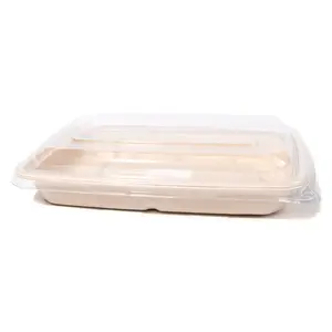 Peralatan makan sekali pakai kustom piring makan siang biodegradable 3 kamar tahan bocor tutup transparan piring bento Jepang