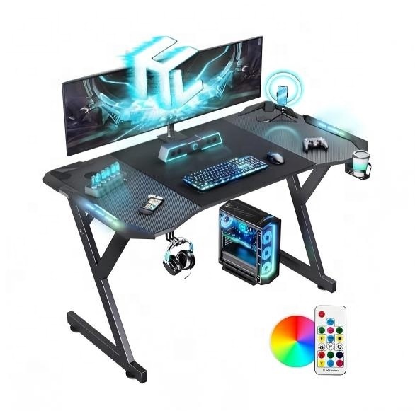 Hot Sturdy Pc Desk 120x60cm Carbon Fibre Surface Home Office Computer Gaming Desk Gaming Tables with LED Lights Headphone Hook