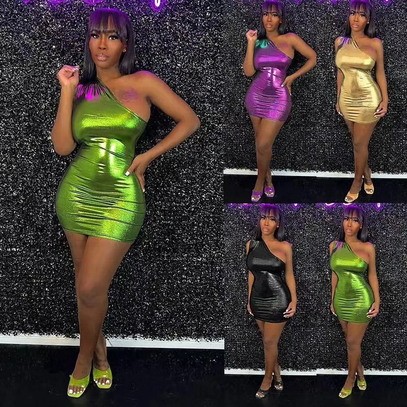 ZHEZHE Summer 2023 new trendy candy color pu leather one shoulder bodycon dress high stretch mini dress sexy club dresses