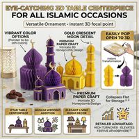 Vente en gros de lanternes en papier 3D en forme de mosquée, décorations pliables en papier nid d'abeille pour le Ramadan, centre de table en forme de mosquée en papier pour l'Aïd