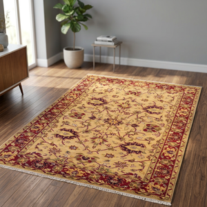 One of the Kind Indian Hand-Knotted Rug 5'6 X 8'6'' Cream & <b>Red</b> Natural <b>Wool</b> & Cotton - Product Image 2
