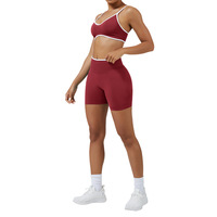 ZH004 Ensemble de sport 2 pièces avec haut dos nu uni, respirant, sans couture, en Spandex/Nylon, et short de yoga taille haute élastique froncé