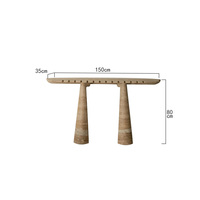 Table console en marbre travertin beige, plateau allongé de forme planche de surf, bord dentelé, quatre pieds coniques effilés, table d'entrée