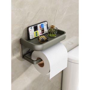 Bathroom Toilet <b>Paper</b> <b>Holder</b> With Phone Tray Self Adhesive Aluminum Alloy Minimalist Design Gray Black White - Product Image 1