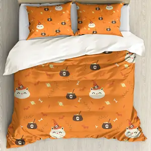 Wholesale Halloween Cute Cartoon Cat Skeletons Pumpkin Large Orange Duvet Cover 100% Polyester 3pcs Bedding Sets Autumn Winter