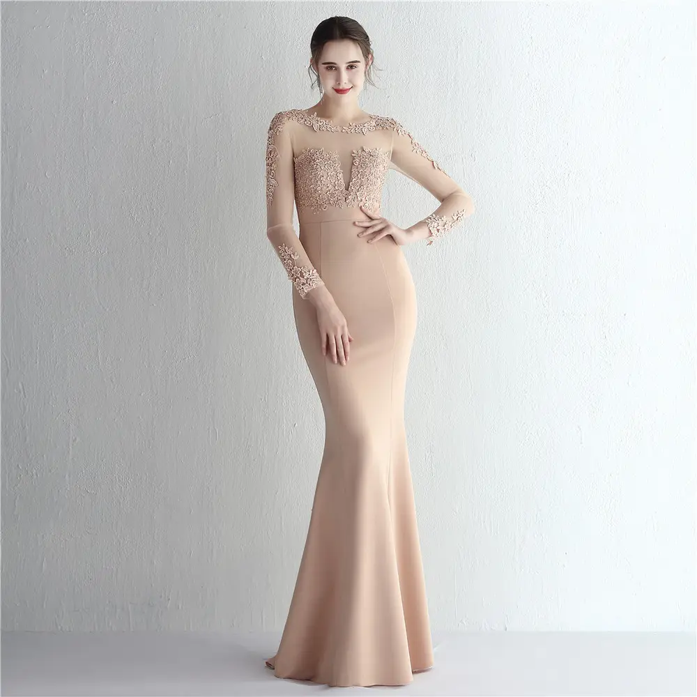 19070# Satin pressed lace overweight shape handmade dress Bridal long sleeve appreciation dinner fishtail evening