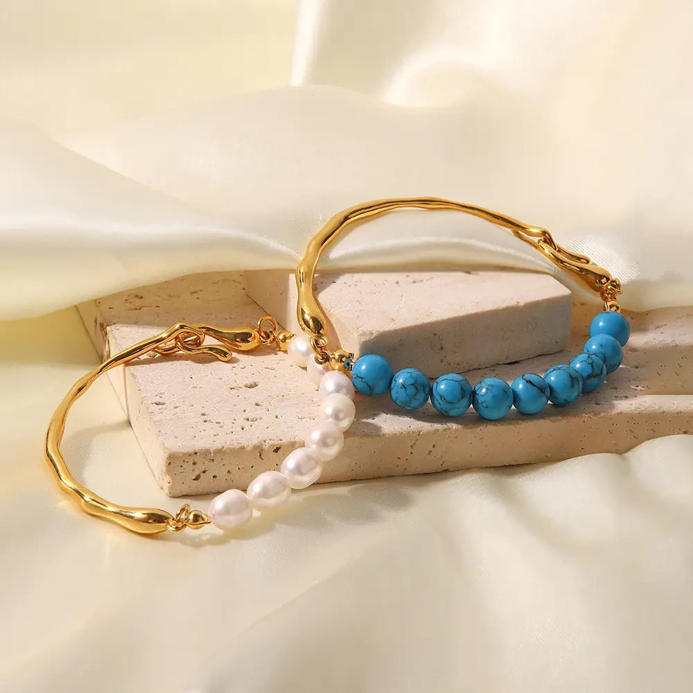 Pulseira azul turquesa de pérola 18k, bracelete feminino dourado de aço inoxidável