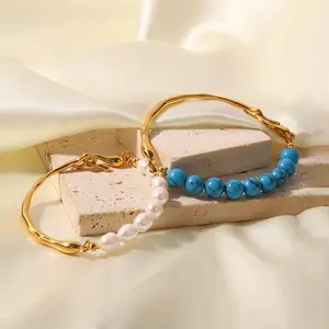 Новый Синий Бирюзовый Браслет Ретро ювелирные изделия из натурального жемчуга 18k золотой браслет из нержавеющей стали для женщин