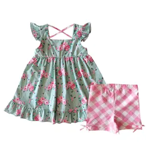 Conjunto túnica e babado floral para meninas, conjunto de duas peças de algodão orgânico para bebês meninas cruzado