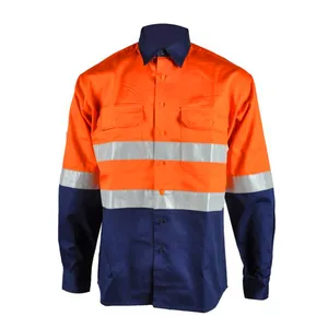 Custom Men Industrial Security Workwear Shirts Long Sleeve Hi Vis Cotton Construction Safety Works Shirt Reflective