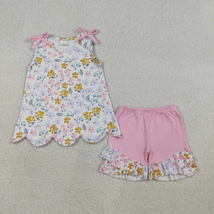 Wholesale Adorable Boutique Toddler Girl Casual Floral Print Short Sleeve Scallop Tops and Ruffle Shorts 2 Pcs Sets for Summer - Product Image 2