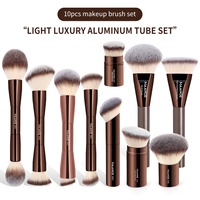 Set Kuas Makeup Wajah Profesional 10 Buah Bulu Sintetis Vegan Lembut Gagang Aluminium Logo Kustom Label Pribadi