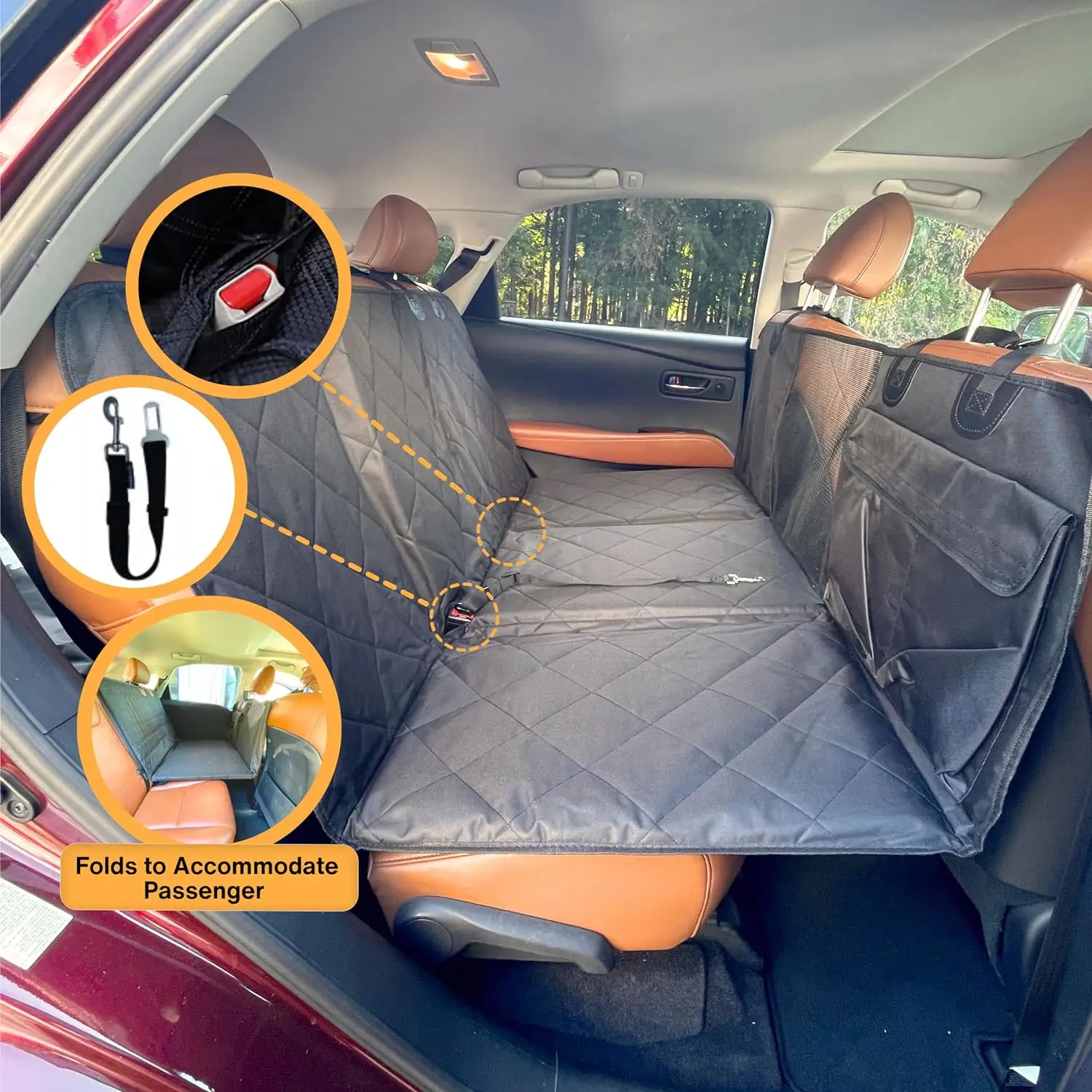 100% Waterproof Hard Bottom Dog Car Seat Cover with Door Covers Seat Extender with Mesh Window and Storage Pockets