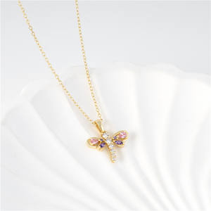 Collar con colgante de libélula de circonita morada y rosa en plata de ley S925, versión de cobre personalizable, con temática animal para mujer - Product Image 6