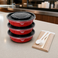 Conteneur alimentaire en plastique rouge écologique, résistant à l'humidité, jetable, rond, pour restaurant