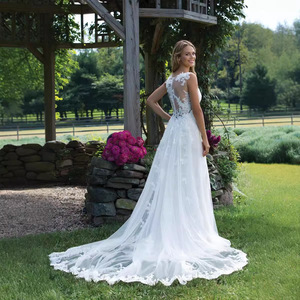 Simple <b>Lace</b> V Neck Wedding Dress A Line <b>White</b> With Zipper Natural Waistline 2026 Style - Product Image 4