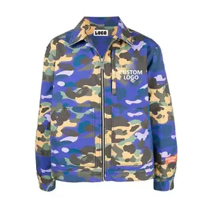 Trending Men's Custom Logo Patch Big Zipper Pockets Long Sleeves Allover Purple Camouflage Print Zip Front Jacket