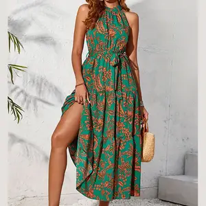 Stampa floreale spalla senza spalline elegante con orlo senza maniche senza maniche cravatta donna abito vacanza all'ingrosso chiffon abiti alla rinfusa