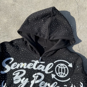 Sweat à capuche homme de haute qualité, épais, à épaules tombantes, imprimé, surdimensionné, en coton, personnalisé, en molleton bouclette, avec fermeture éclair et strass - Product Image 3