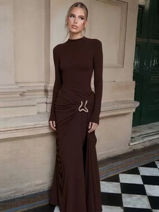 Vestido Largo de Manga Larga para Mujer, Fruncido y Plisado, Ajustado al Cuerpo, Cuello Redondo, Color Sólido, Elegante, para Fiesta o Noche - Product Image 2