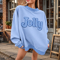 Sweat-shirt personnalisé pour femme, coupe oversize, bleu à pois, avec broderie de lettres joyeuses, épaules tombantes, manches longues, coupe ample, col montant