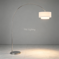 Lampadaire moderne à bras courbé, abat-jour en tissu double couche, pour espaces résidentiels et commerciaux