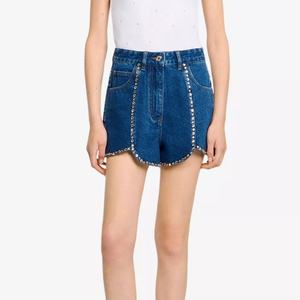 Vente d'usine : Short en jean taille haute bleu délavé avec strass, extensible, pour femme, idéal pour l'été - Product Image 1