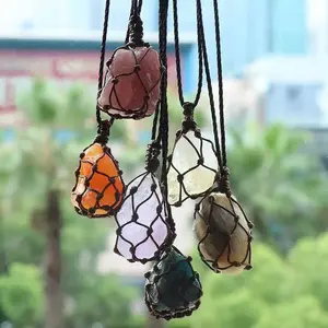 Natuurlijke Mode Edelsteen Sieraden Vrouw Handgemaakte Lederen Wrap Netto Zak Tuimelt Stenen Ketting Healing Crystal Ketting Voor Mannen