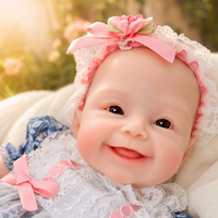 Poupée Reborn souriante de 16 pouces en silicone intégral avec bandeau floral rose et robe en dentelle florale bleue pour jeu d'imitation