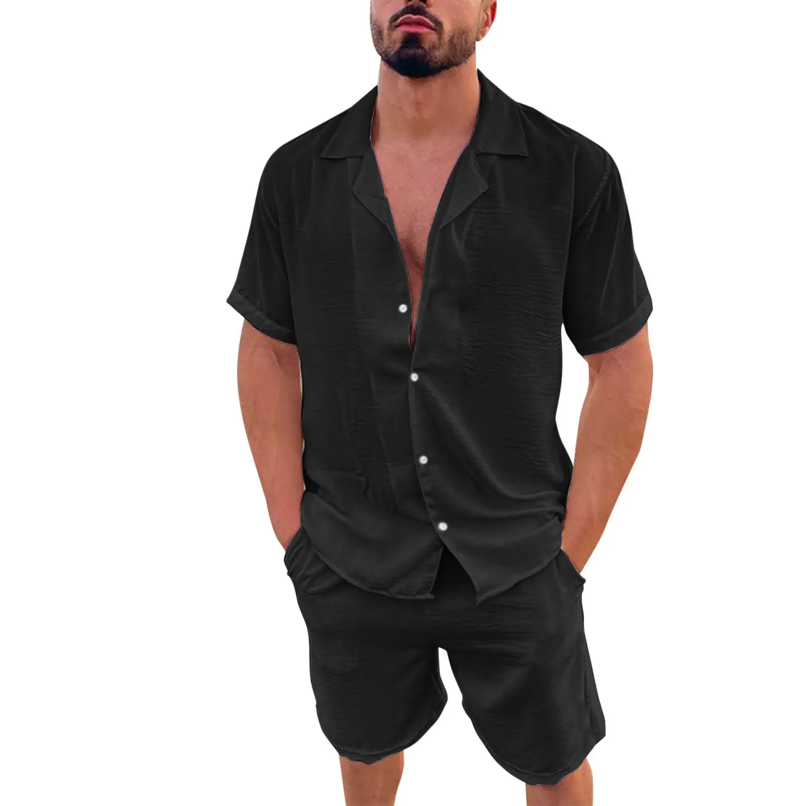 快適なリネンコットン2ピースセット無地メンズ半袖カジュアルシャツショーツカスタムプリントカラーサマーウェアシャツ