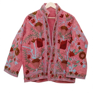 A2ZCraftBazar Hand <b>Machine</b> Embroidery Ruffles Floral Bomber Jacket 100% Cotton <b>Knitted</b> Breathable Eco-Friendly Quick Dry V-neck - Product Image 4