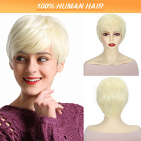 Perruque courte en cheveux humains naturels, couleur blonde 023, sans dentelle, pour femmes noires et blanches, avec frange asymétrique