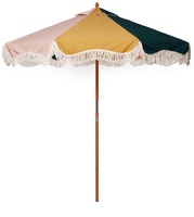 Sombrilla de Playa Vintage con Borde Festoneado, Parasol de Madera con Rayas de Cabana, Inclinable y con Bolsa de Transporte, Estilo Boho para Vacaciones