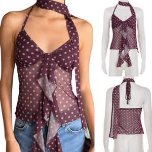 Camisola Corta de Verano con Estampado de Lunares, Lazos, Espalda Descubierta, Sin Mangas, Top Sexy con Cordones, Blusa de Mujer - Product Image 1