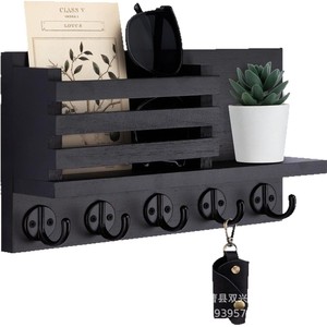 Wall-mounted Key Holder Wooden Mail Rack Black Charred Entryway <b>Shelf</b> With <b>Hooks</b> For Keys And Storage - Product Image 1
