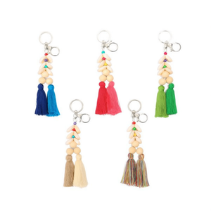 Portachiavi con perline in legno e doppia nappa, set da tre pezzi, fibbia bianca a K, LLAVERO - Product Image 1