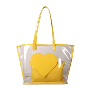 ความจุขนาดใหญ่โปร่งใส PVC ผู้หญิงกันน้ํากระเป๋าถือแฟชั่น Lady Heart Jelly กระเป๋าสะพายใสพร้อมกระเป๋าขนาดเล็ก