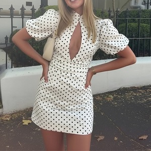 Vestido Mini <span class=keywords><strong>de</strong></span> Mujer con Estampado <span class=keywords><strong>de</strong></span> Puntos, Manga Abullonada, Cuello con Abertura, Cintura Alta, Ajuste Delgado, Línea A, Casual, para Fiesta <span class=keywords><strong>de</strong></span> Verano, Venta al por Mayor Personalizada - Product Image 2