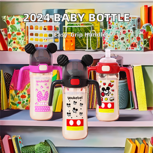 2024 portátil 300ml PP biberón de bebé recién nacido agua potable mango de dibujos animados vidrio recto Anti-cólico para niños pequeños Silicona - Product Image 3