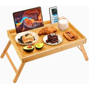 Table de lit en bambou avec pieds pliables, support pour téléphone et <span class=keywords><strong>tablette</strong></span>, plateau de petit-déjeuner, bureau pour ordinateur portable, plateau de service pour canapé, pour usage domestique - Product Image 2