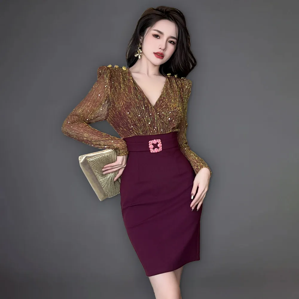 ZYHT 50722 Luxury Gold Wine Red Dress with Long Sleeves Mini Design and V-Neck Collar Waist Buckle Decor for Mature Ladies