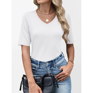 T-shirt à col en V pour femme, manches courtes, coupe basique, décontracté, respirant, tricoté, à porter au quotidien - Product Image 3