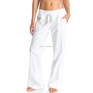 Pantaloni da <span class=keywords><strong>donna</strong></span> personalizzati 100% <span class=keywords><strong>lino</strong></span>, vestibilità ampia, antipiega, traspiranti, bianchi, casual da spiaggia, a gamba larga dritta, stile frontale piatto - Product Image 1