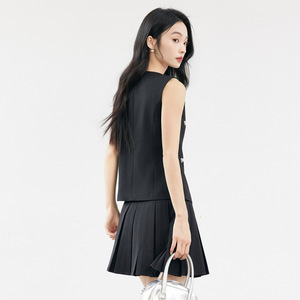 Elegant Heart Shaped Fitted Suit Vest And Pleated Mini Skirt Set Sleeveless Summer Casual Women's Outfit Dating Style - Product Image 4