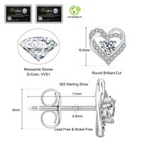 Boucles d'oreilles en moissanite certifiée GRA, 1 carat, en forme de cœur, en argent sterling 925, couleur D, pour femme