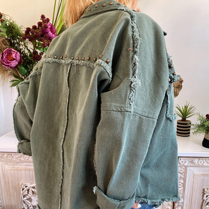 Áo Khoác Denim Dáng Túi Dài Tay Ấm Áp Cho Nữ Mùa Thu Mùa Đông Phong Cách Mới Màu Xanh Quân Đội Áo Khoác Có Tua Rua Đính Đá - Product Image 2