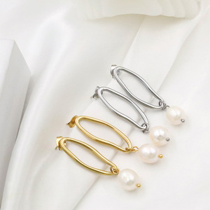 Geometric Pearl Drop Earrings Gold And Silver Tone AAA Grade <b>Titanium</b> Steel <b>Studs</b> For Women Everyday Wear - Product Image 1