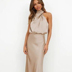 Robe longue décontractée élégante en satin de soie Z-268 pour femmes, sans manches, de haute qualité, respirante, tissée, idéale pour les soirées estivales et les clubs - Product Image 1